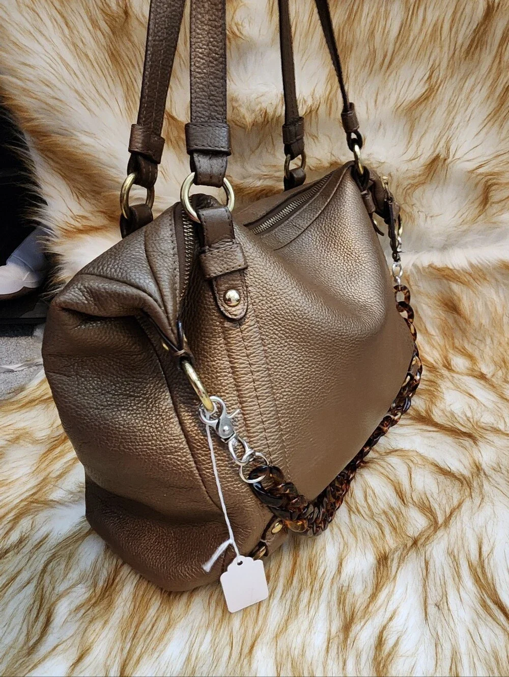 Coach Bronze-Tone Leather Shoulder Bag with Gold Hardware